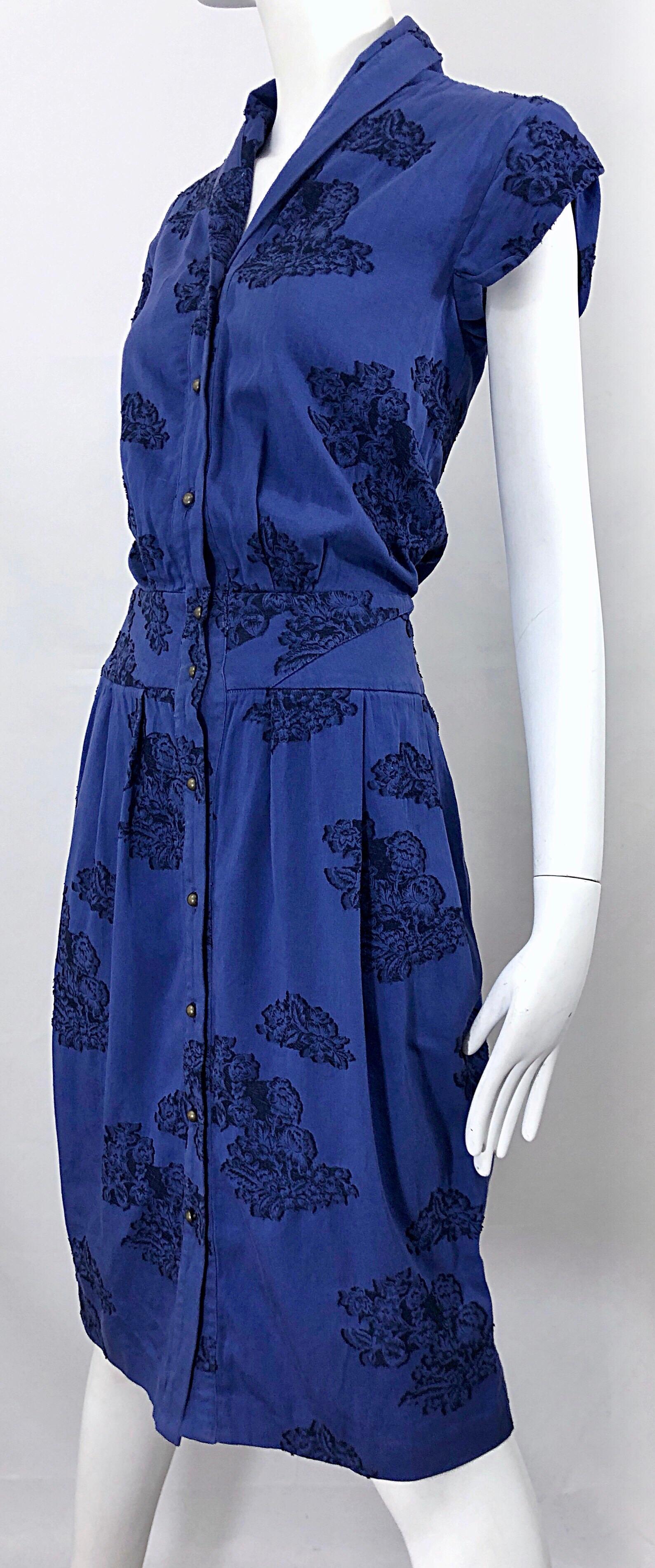 Women's Alexander McQueen Blue + Black Lace Print Size 40 1950s Style Bustle Dress