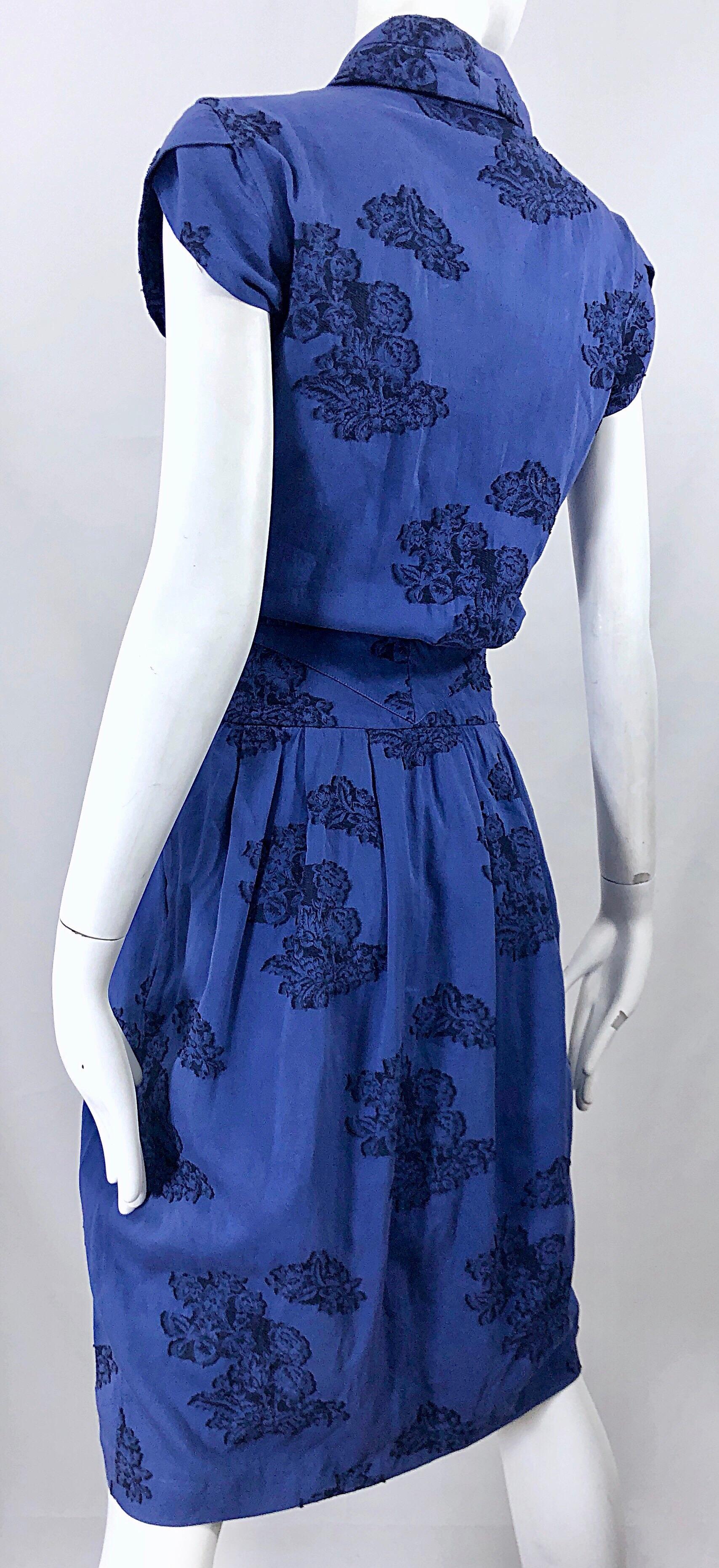 Alexander McQueen Blue + Black Lace Print Size 40 1950s Style Bustle Dress 2
