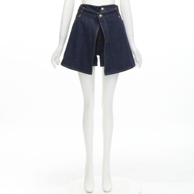 ALEXANDER MCQUEEN blue denim double waistband logo patch layered shorts 24
