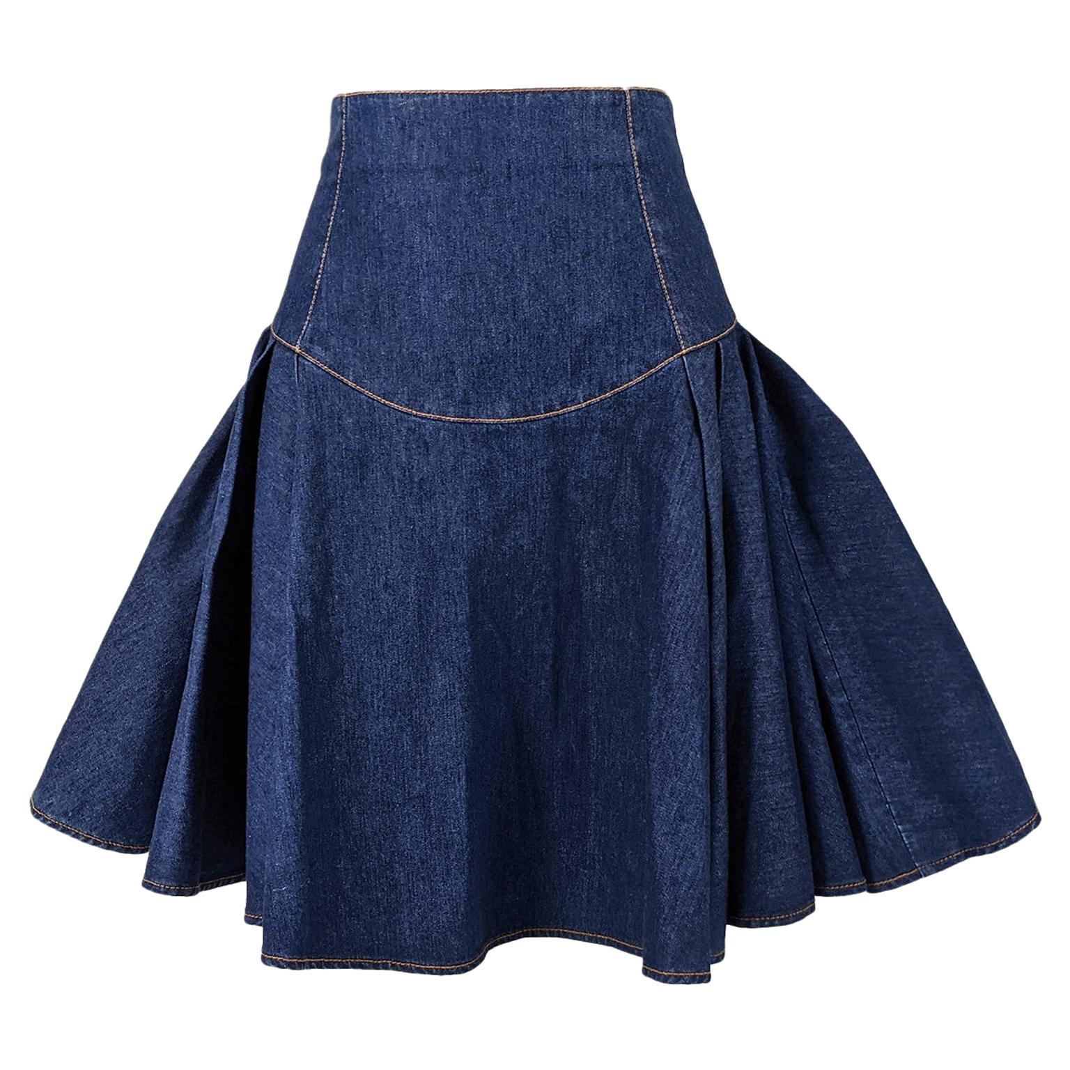 Alexander McQueen Blue Denim Flared Skirt For Sale