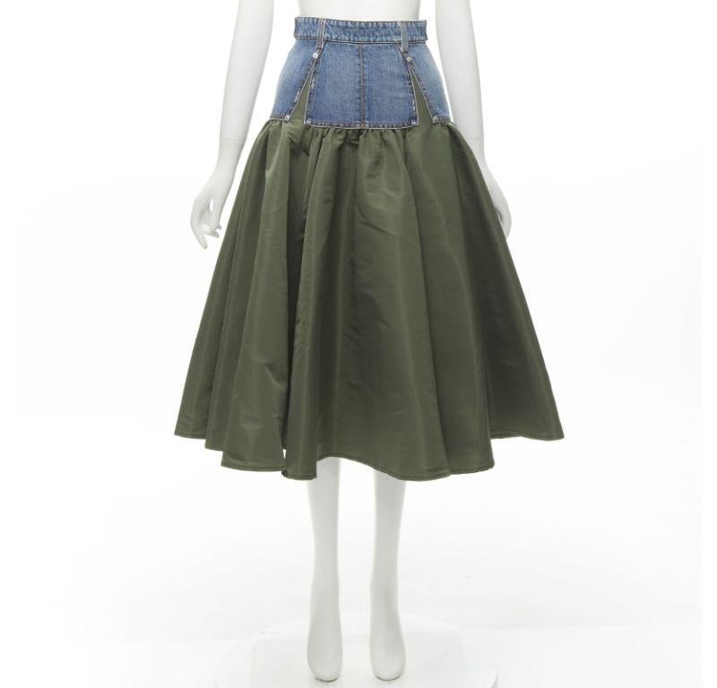 ALEXANDER MCQUEEN blue denim green taffeta deconstructed flared skirt IT36 S For Sale 6