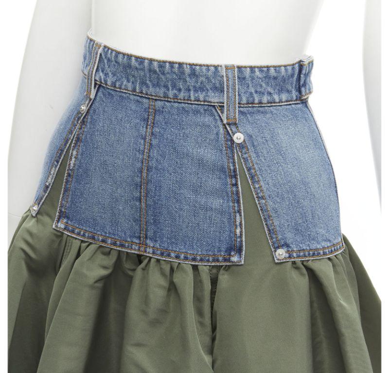 ALEXANDER MCQUEEN blue denim green taffeta deconstructed flared skirt IT36 S In Excellent Condition For Sale In Hong Kong, NT