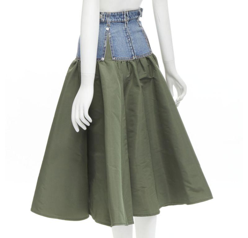 ALEXANDER MCQUEEN blue denim green taffeta deconstructed flared skirt IT36 S For Sale 2