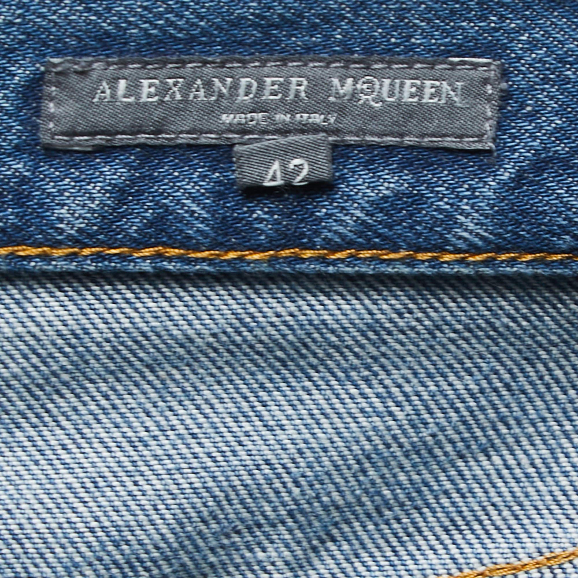 Alexander McQueen Blue Denim Ripped Straight Leg Jeans M Waist 32