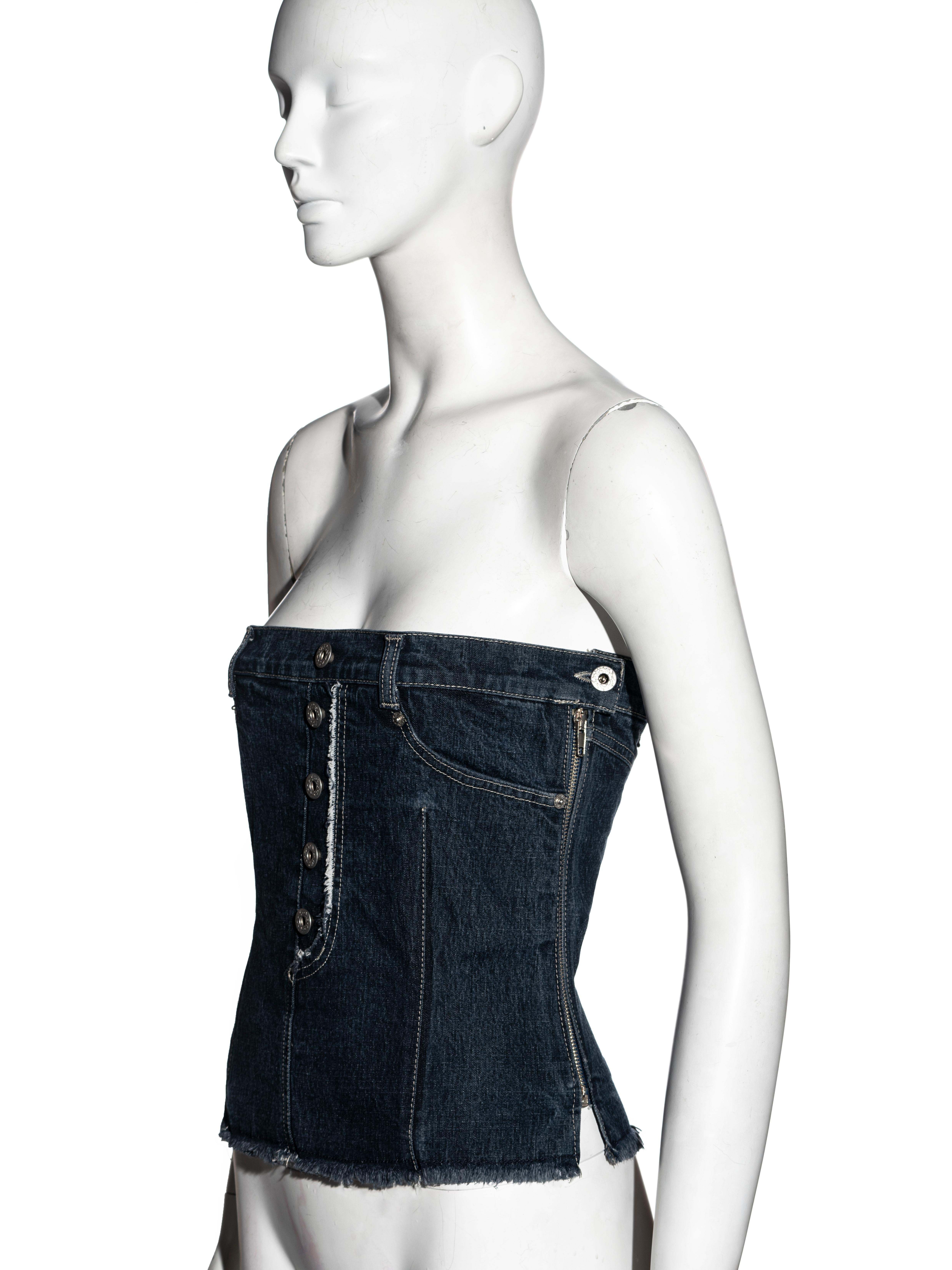 Alexander McQueen - Haut corset sans bretelles en jean bleu, automne-hiver 1996 Pour femmes en vente