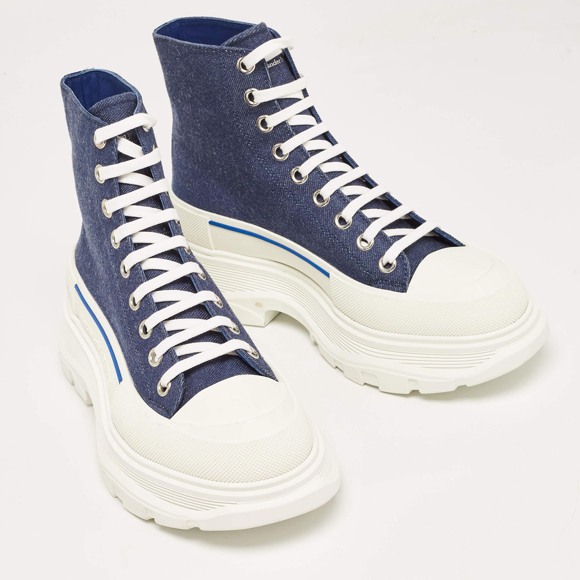 Men's Alexander McQueen Blue Denim Tread Slick High Top Sneakers Size 40.5 For Sale