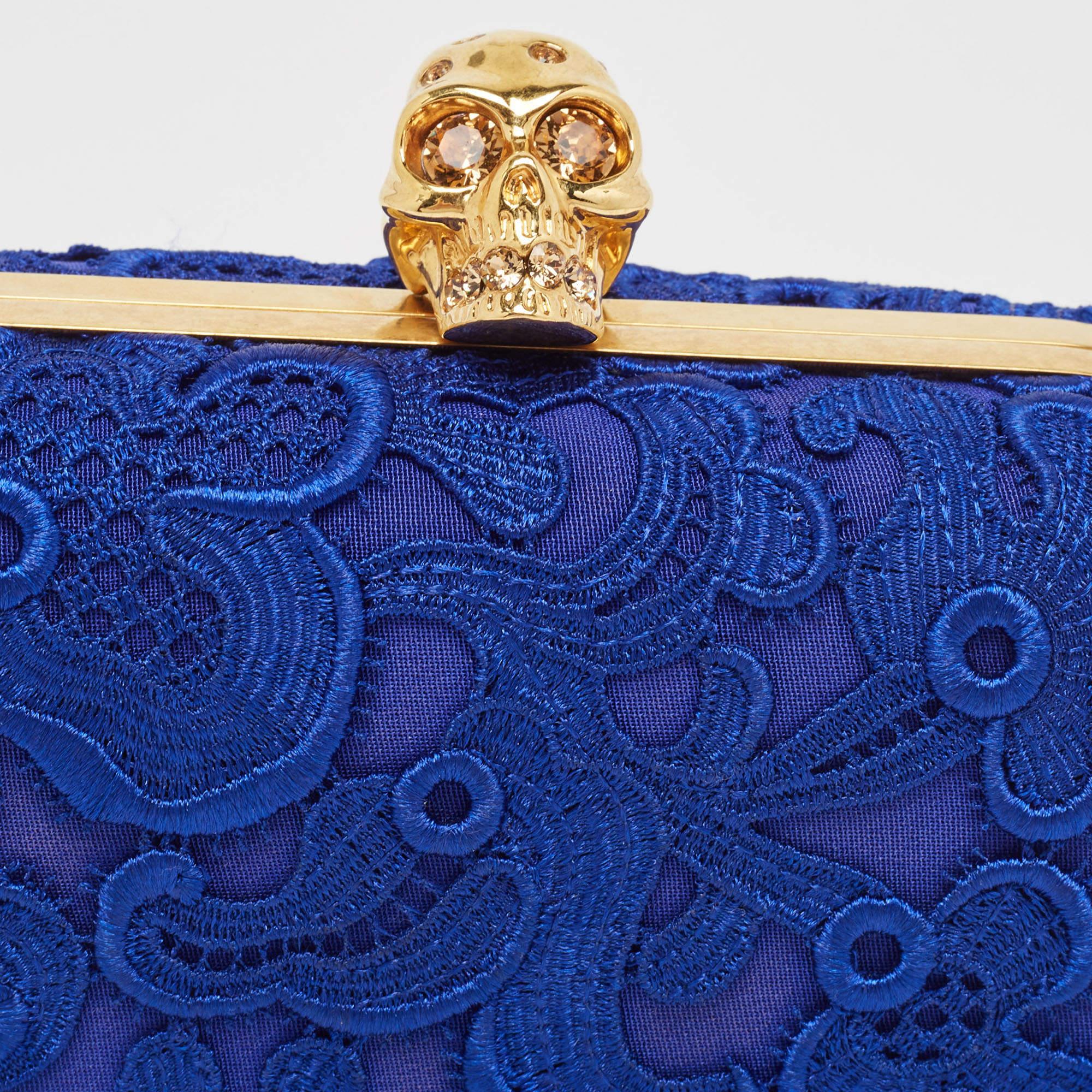 Alexander McQueen Blue Floral Lace Skull Box Clutch For Sale 6