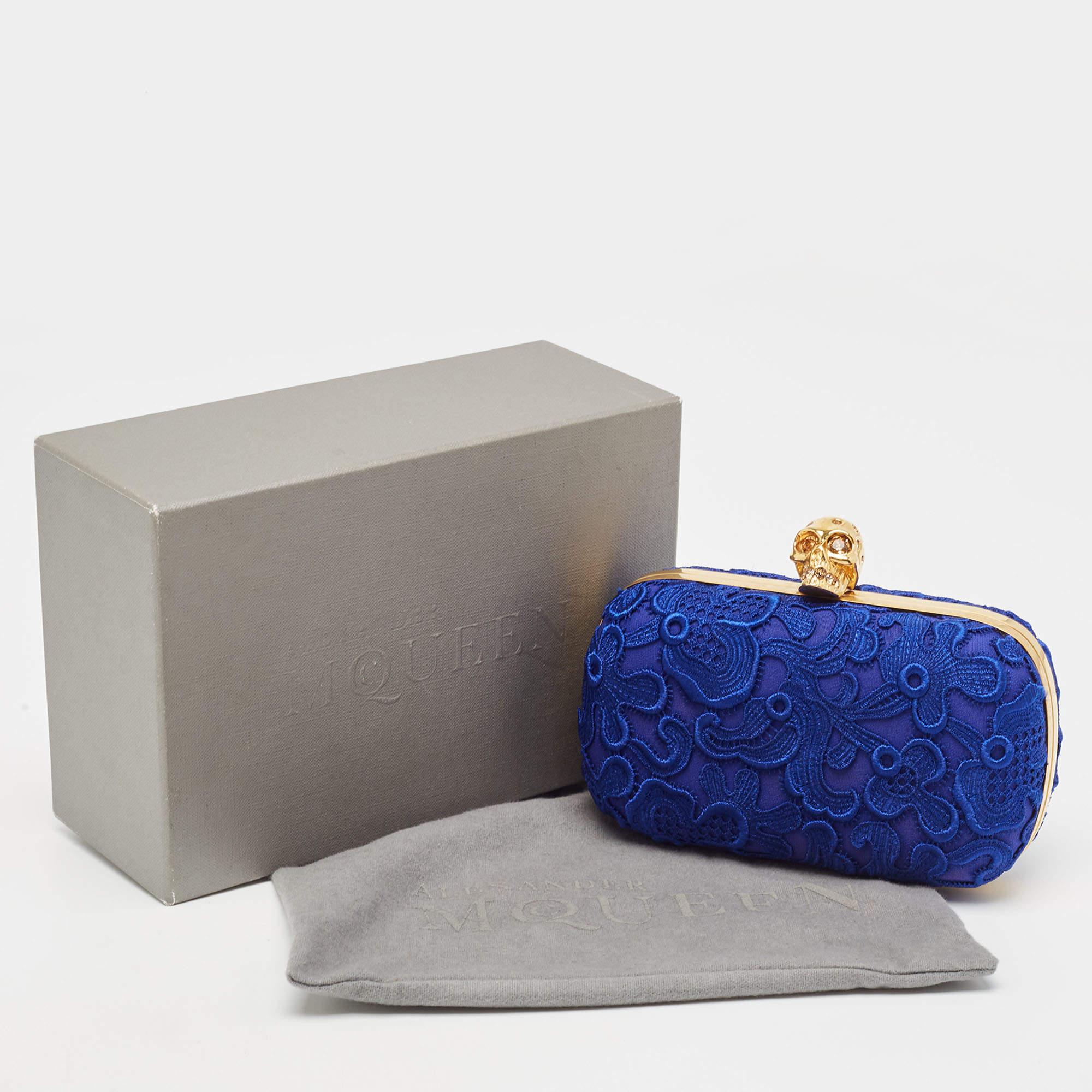 Alexander McQueen Blue Floral Lace Skull Box Clutch For Sale 7