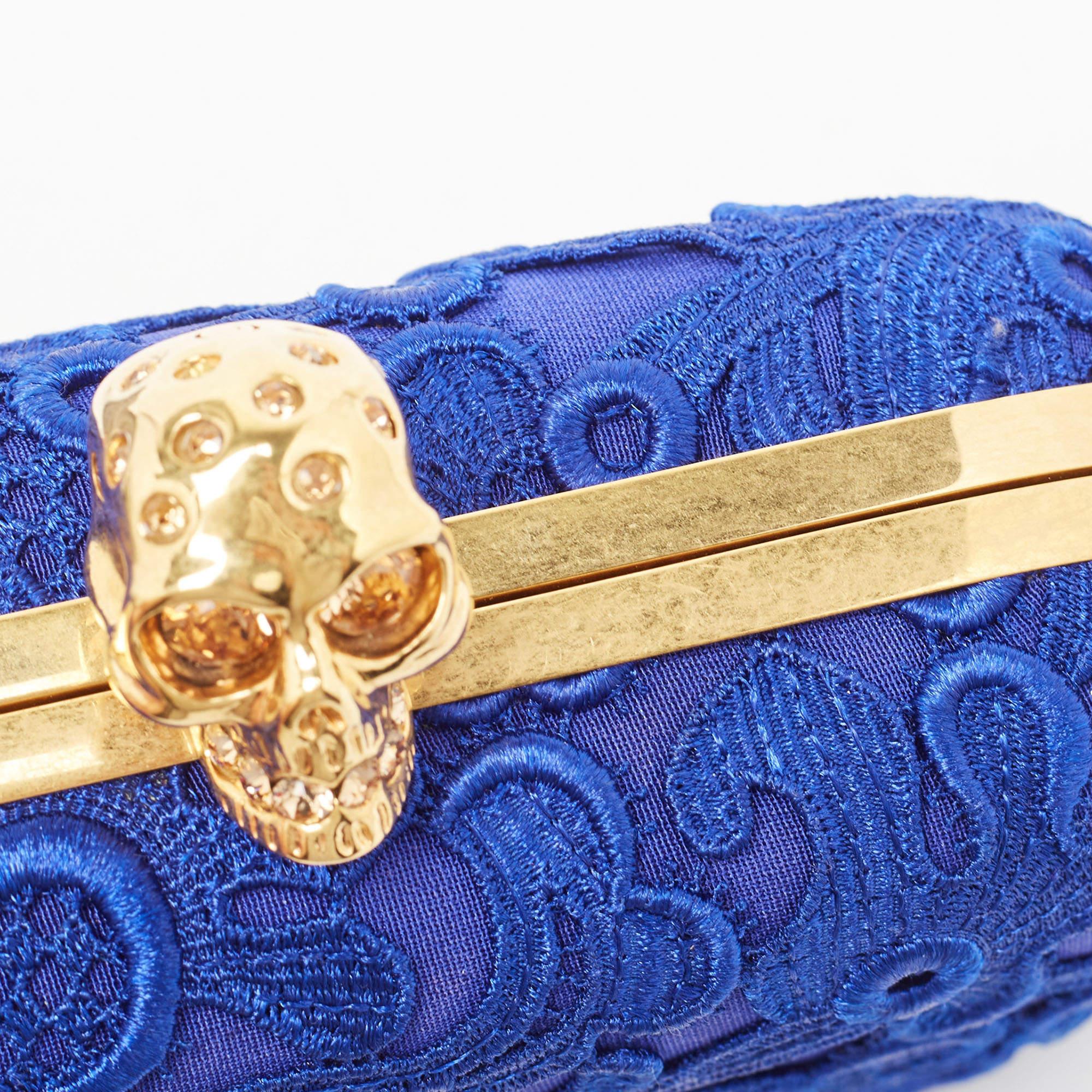 Alexander McQueen Blue Floral Lace Skull Box Clutch For Sale 8