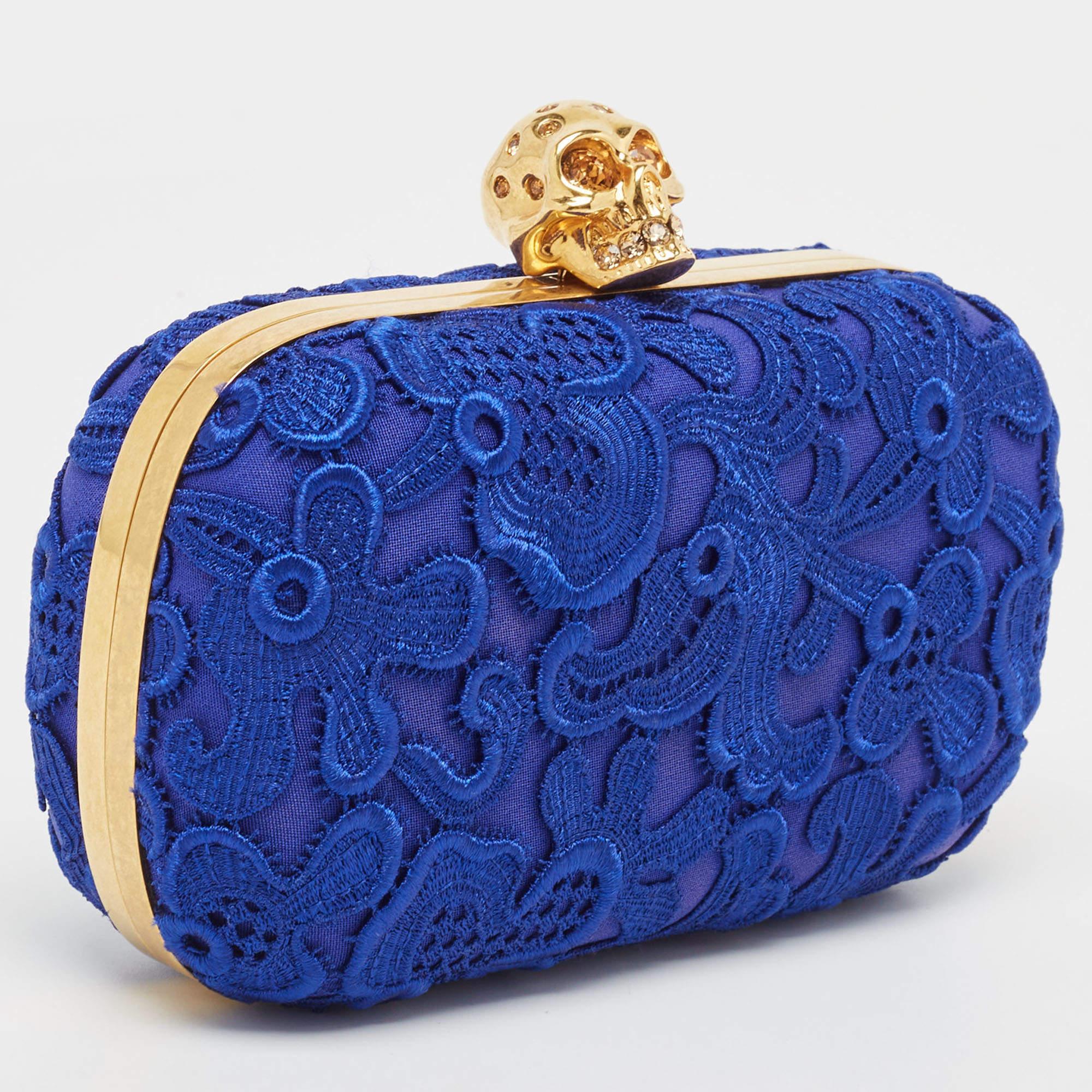 Alexander McQueen Blue Floral Lace Skull Box Clutch For Sale 5