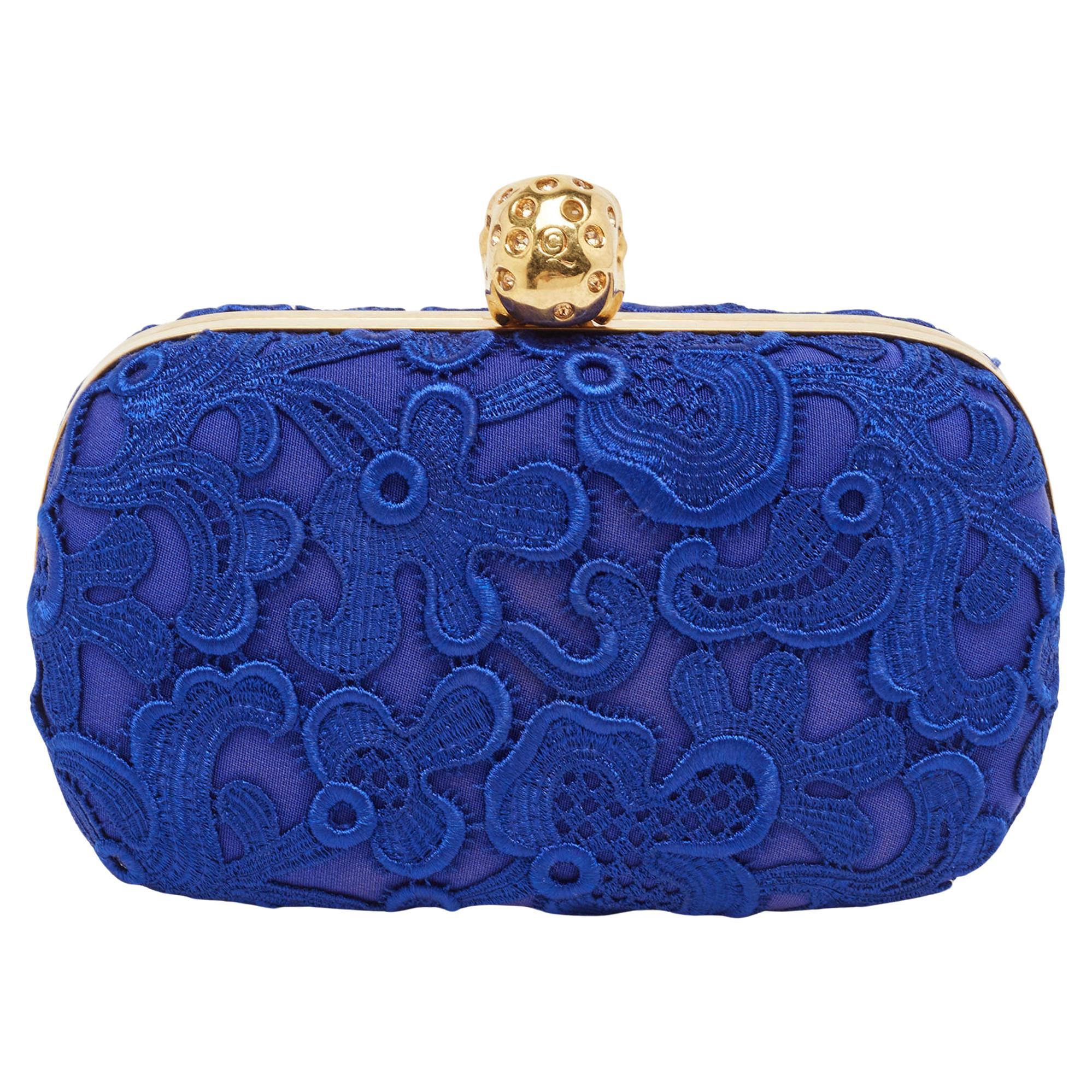 Alexander McQueen Blue Floral Lace Skull Box Clutch For Sale