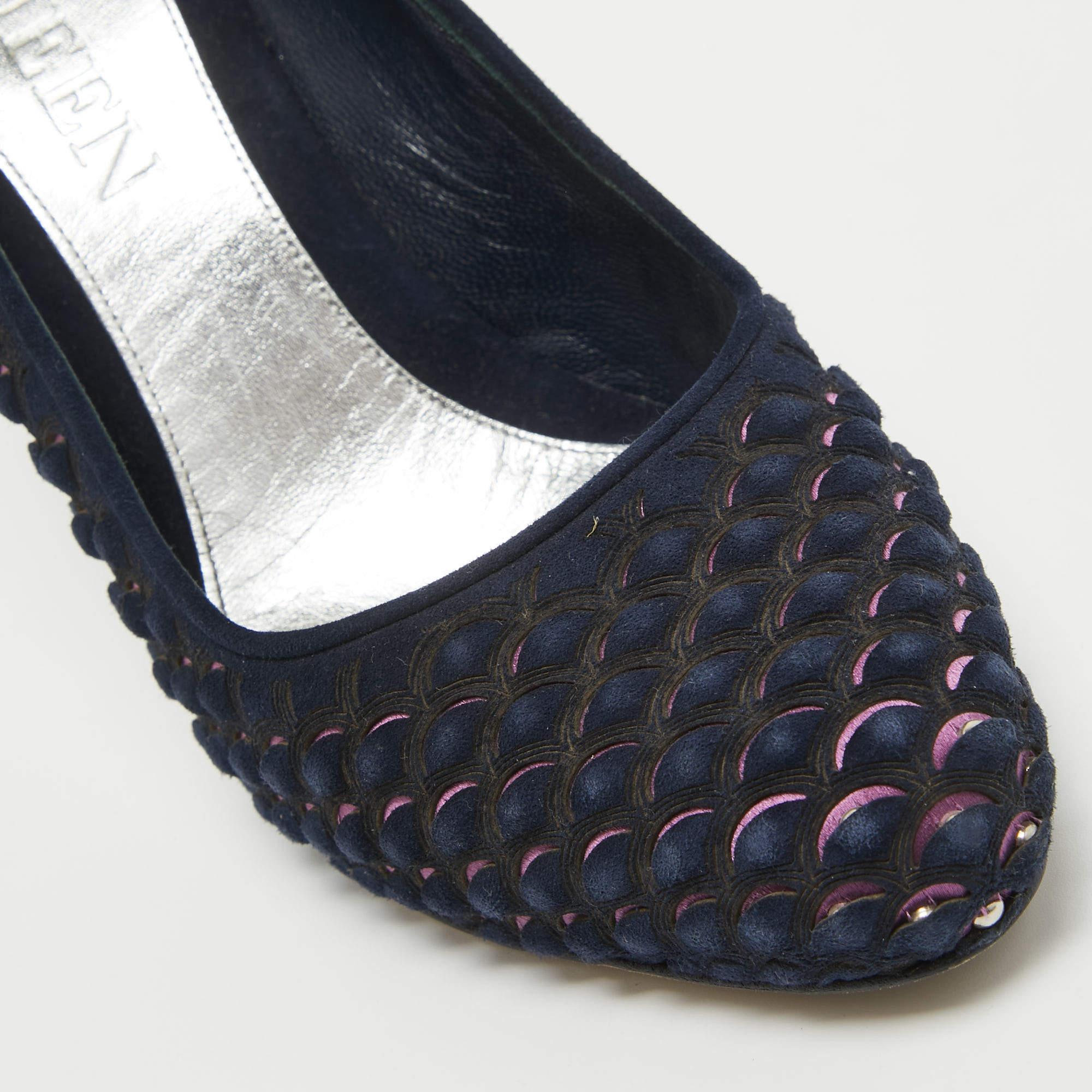 Alexander McQueen Blue Laser Cut Suede & Studded Satin Round Toe Pumps Size 37.5 For Sale 2