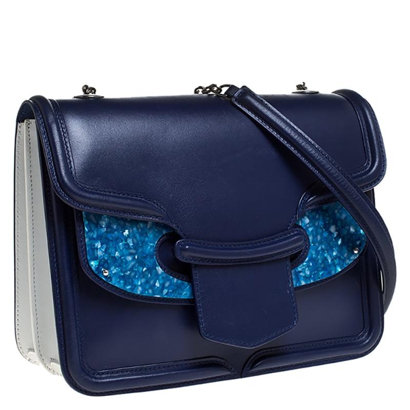 blue leather handbag