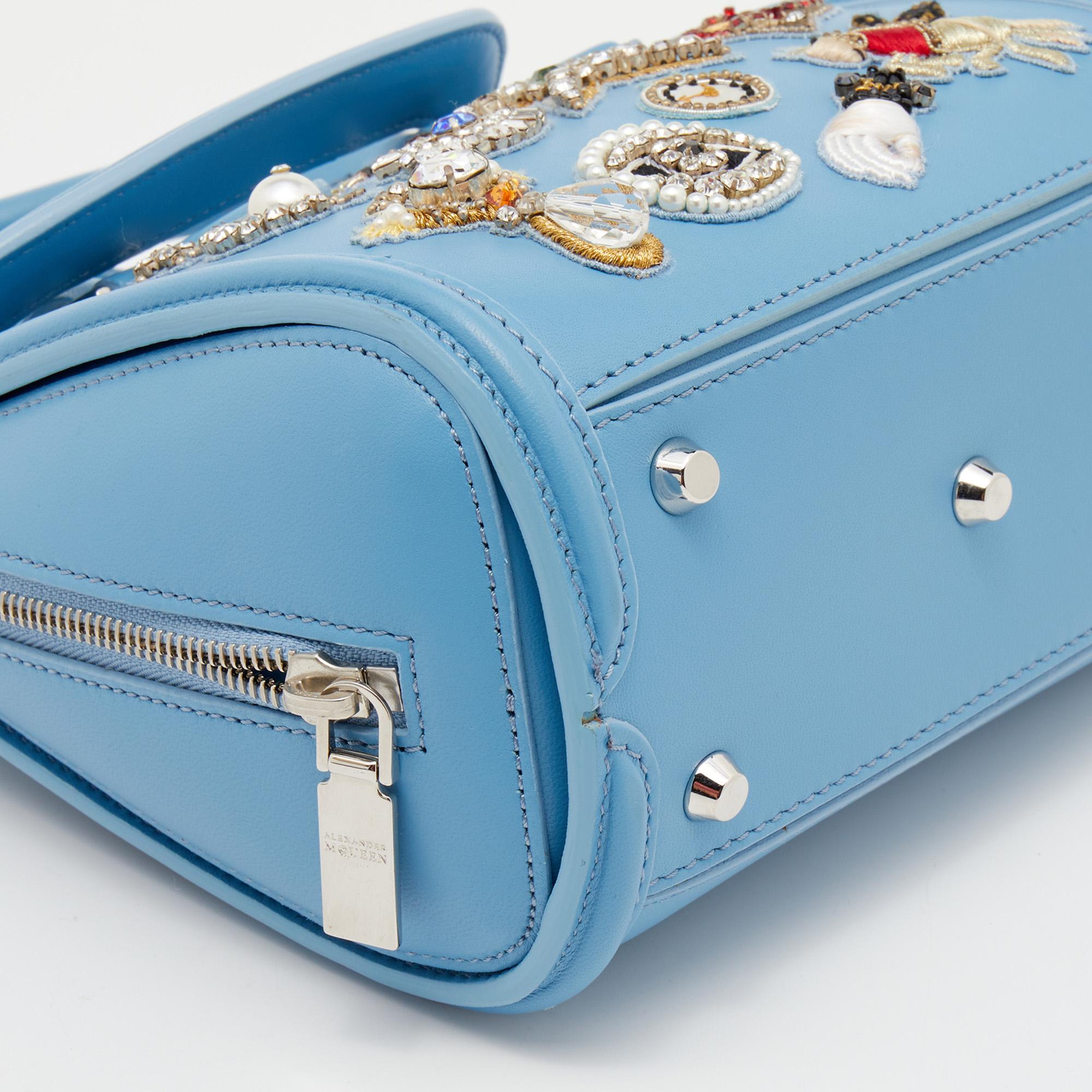 Alexander McQueen Blue Leather Mini Embellished Heroine Bag In Good Condition In Dubai, Al Qouz 2