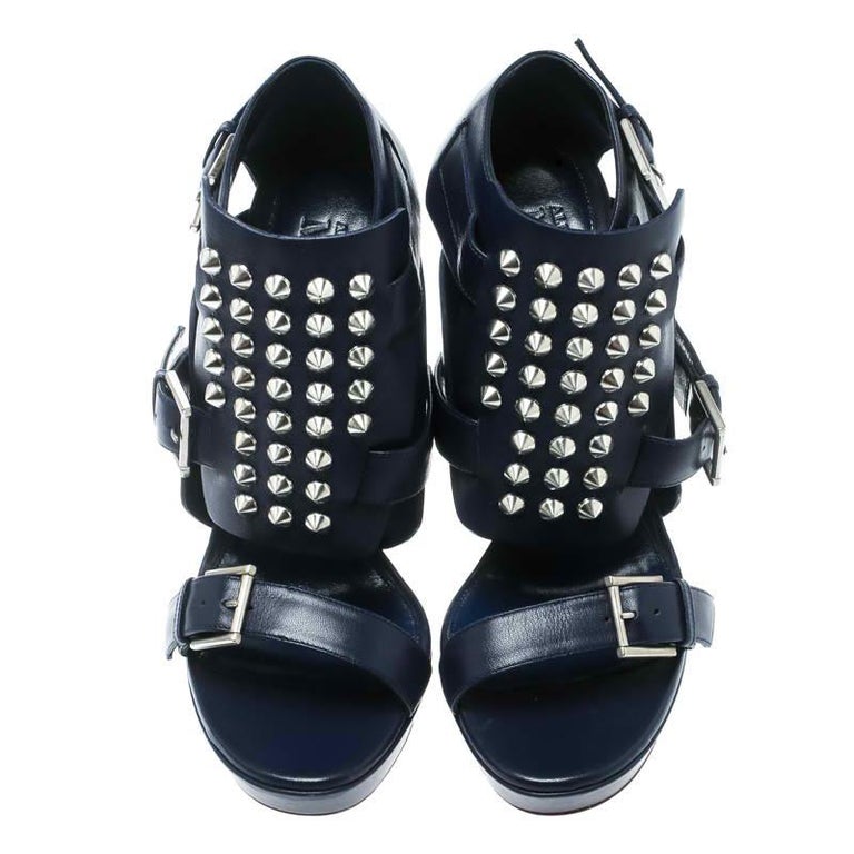 Alexander McQueen Blue Leather Stud Embellished Buckle Detail Sandals ...