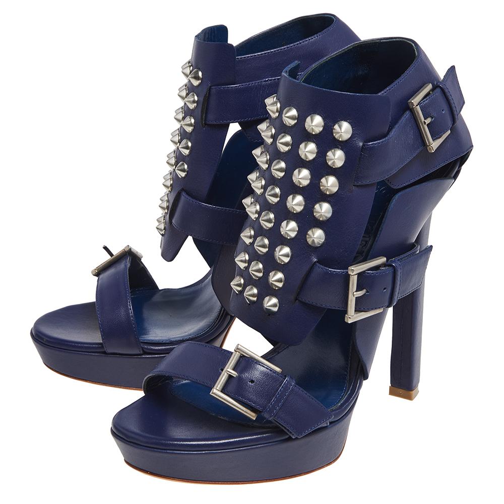 Black Alexander McQueen Blue Leather Stud Embellished Buckle Detail Sandals Size 40
