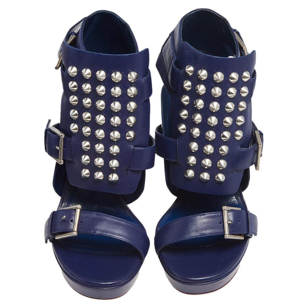 Women's Alexander McQueen Blue Leather Stud Embellished Buckle Detail Sandals Size 40