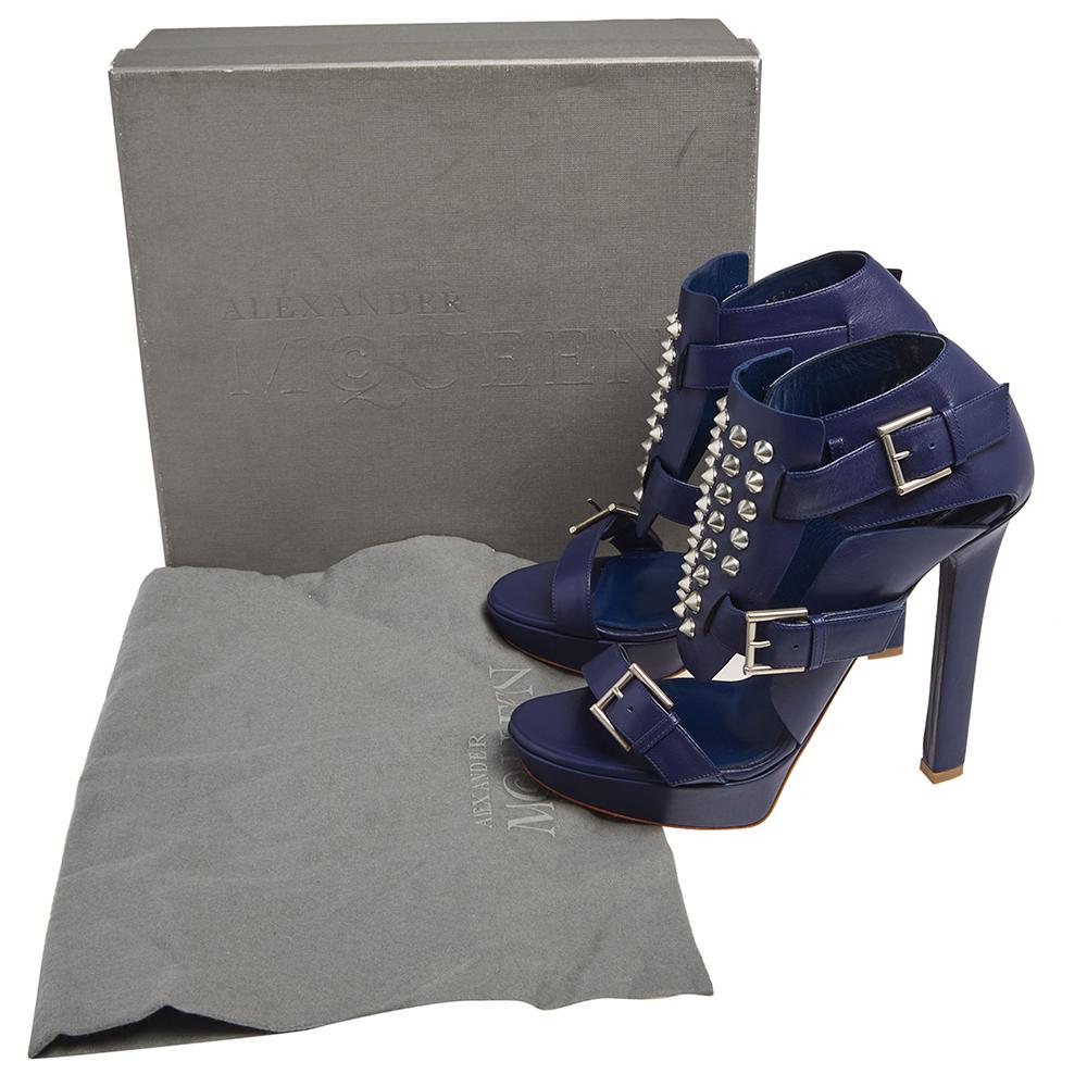 Alexander McQueen Blue Leather Stud Embellished Buckle Detail Sandals Size 40 3