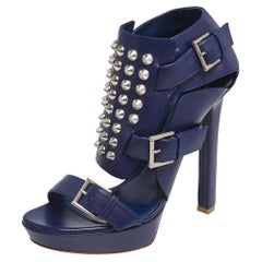 Alexander McQueen Blue Leather Stud Embellished Buckle Detail Sandals Size 40