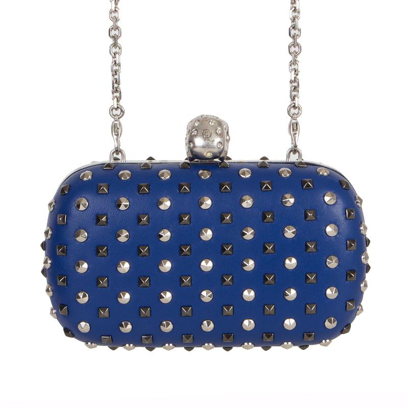 Blue ALEXANDER MCQUEEN blue leather STUDDED CRYSTAL SKULL Box Clutch Bag