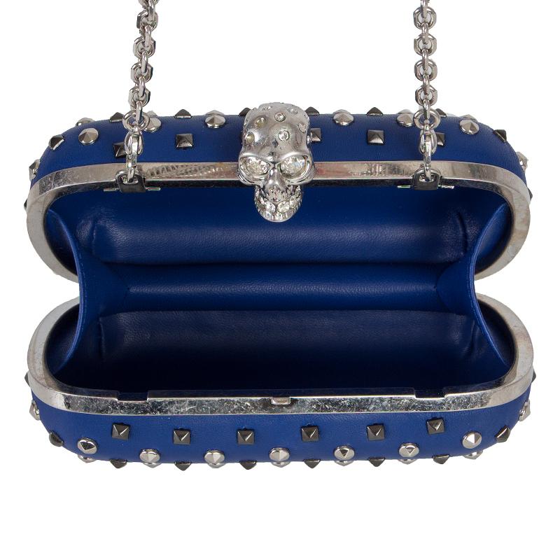 Women's ALEXANDER MCQUEEN blue leather STUDDED CRYSTAL SKULL Box Clutch Bag