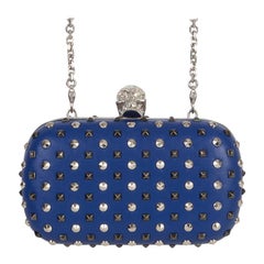 ALEXANDER MCQUEEN blue leather STUDDED CRYSTAL SKULL Box Clutch Bag