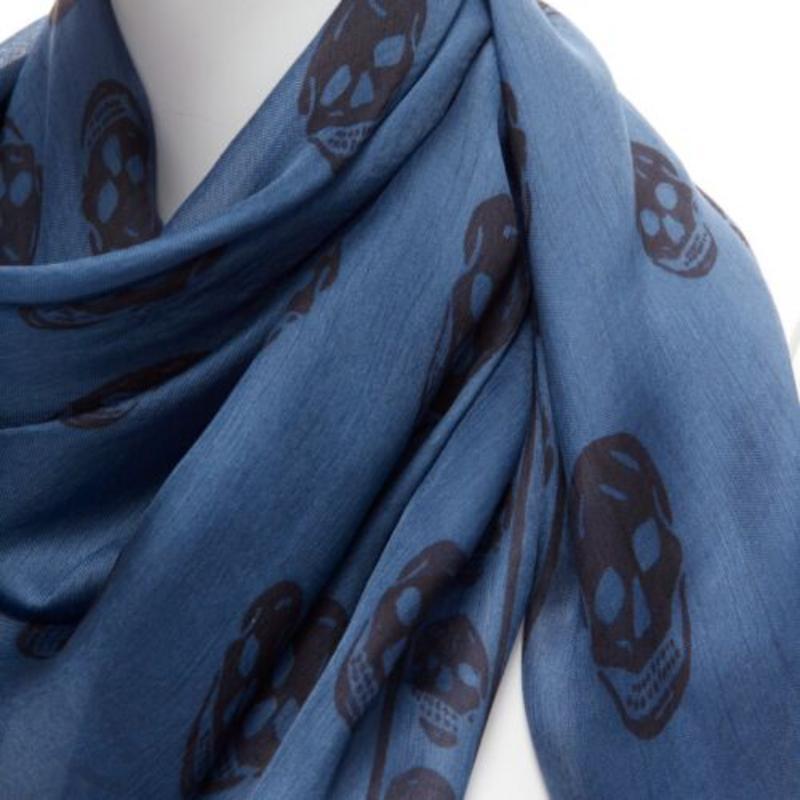 ALEXANDER MCQUEEN blue navy skull logo print 100% silk scarf 2