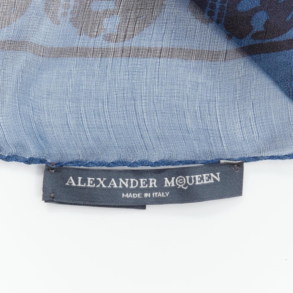 ALEXANDER MCQUEEN blue navy skull logo print 100% silk scarf For Sale 3