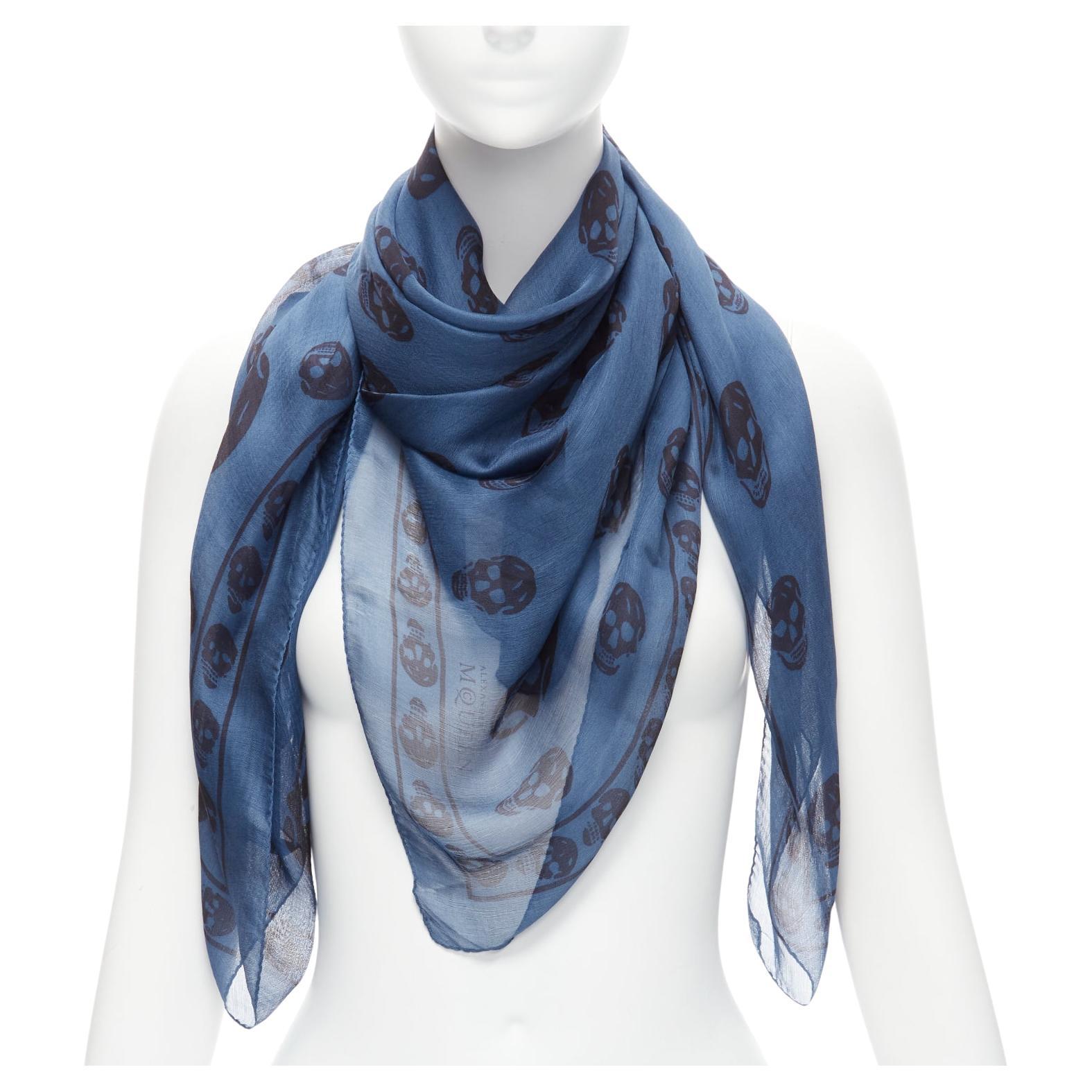 ALEXANDER MCQUEEN blue navy skull logo print 100% silk scarf For Sale