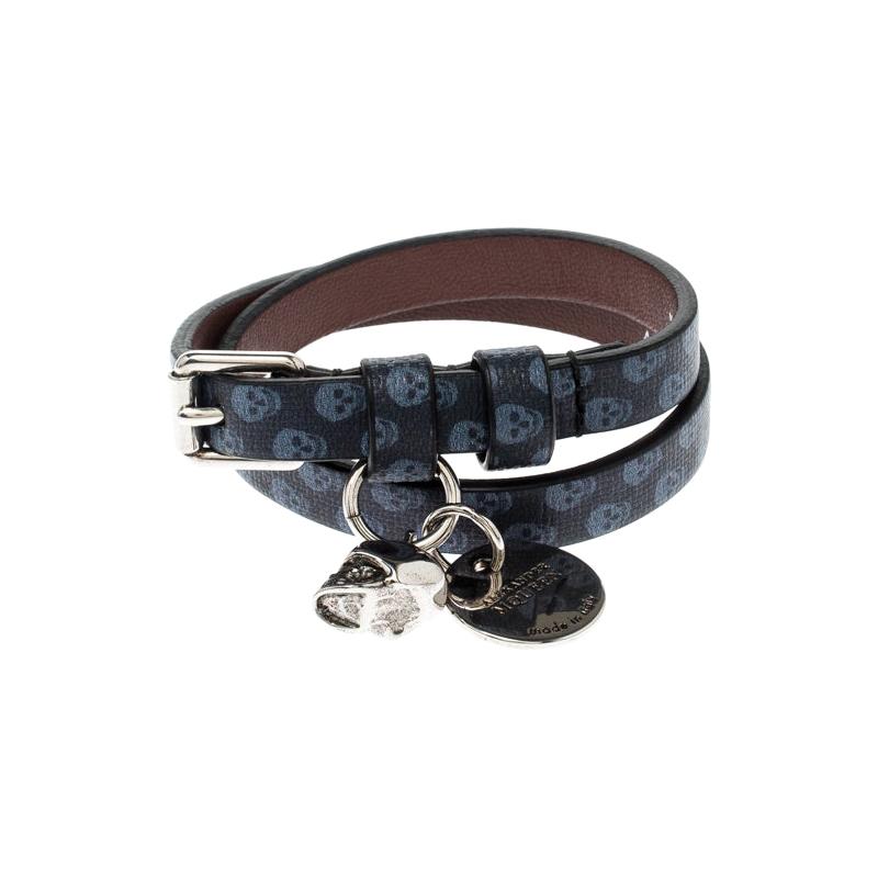 Alexander McQueen Blue Printed Leather Skull Charm Double Wrap Bracelet