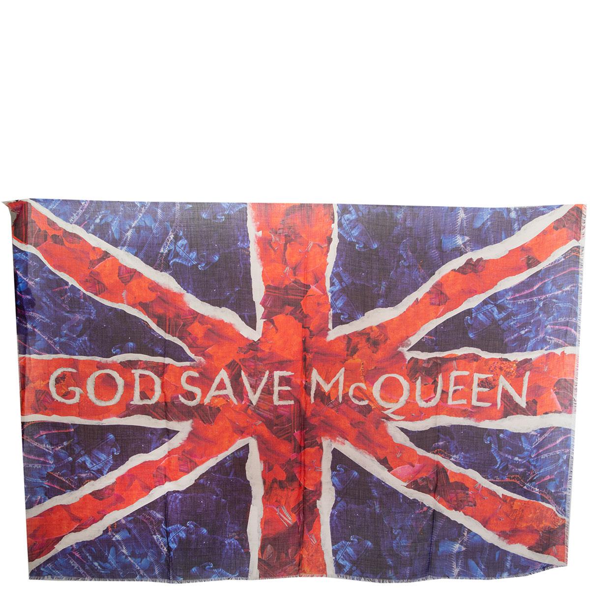 Alexander McQueen 'God Save The Queen' shawl in blue, navy, purple, red, burgundy, pink, magenta and off-white wool (50%) and silk (50%). Has been worn and is in excellent condition. 

Width 127cm (49.5in)
Length 194cm (75.7in)

