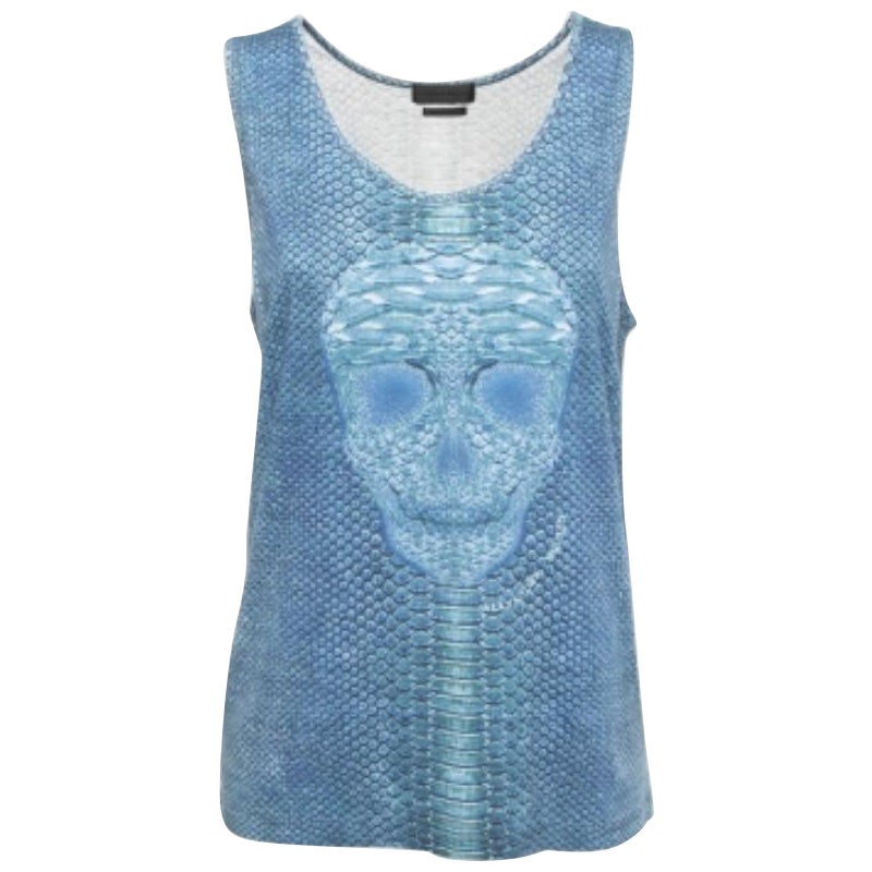 Alexander McQueen Bleu Débardeur en coton tricoté imprimé tête de mort S en vente