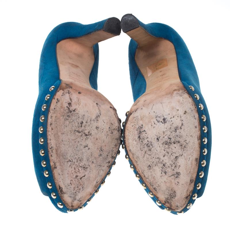 Women's Alexander McQueen Blue Suede Crystal Embellished Skull Peep Toe Pumps Size 39.5