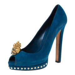 Alexander McQueen Blue Suede Crystal Embellished Skull Peep Toe Pumps Size 39.5