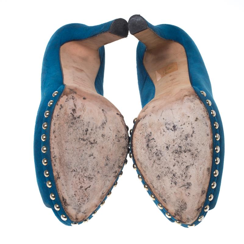 Alexander McQueen, camoscio blu con cristalli e piattaforma Peep Toe, misura 39,5 1