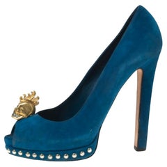 Alexander McQueen Blue Suede Crystal Skull Peep Toe Platform Pumps Size 39.5