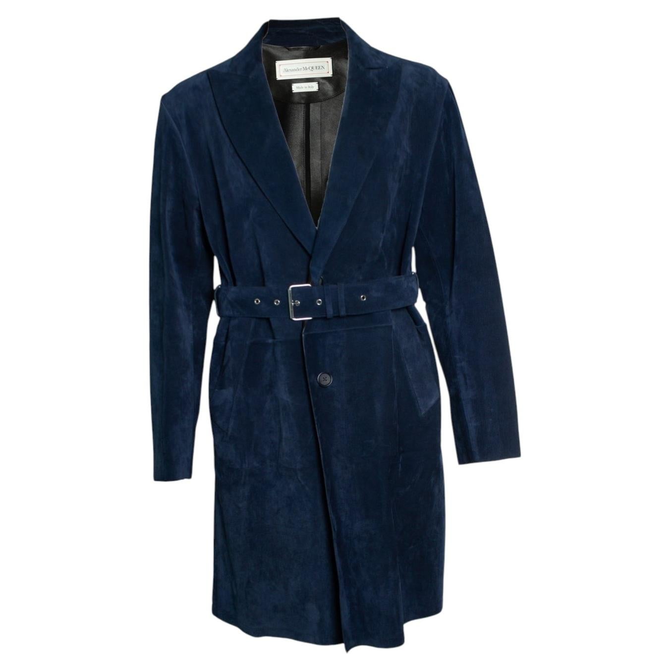 Pre-owned Alexander Mcqueen , Blue Suede Trench Coat