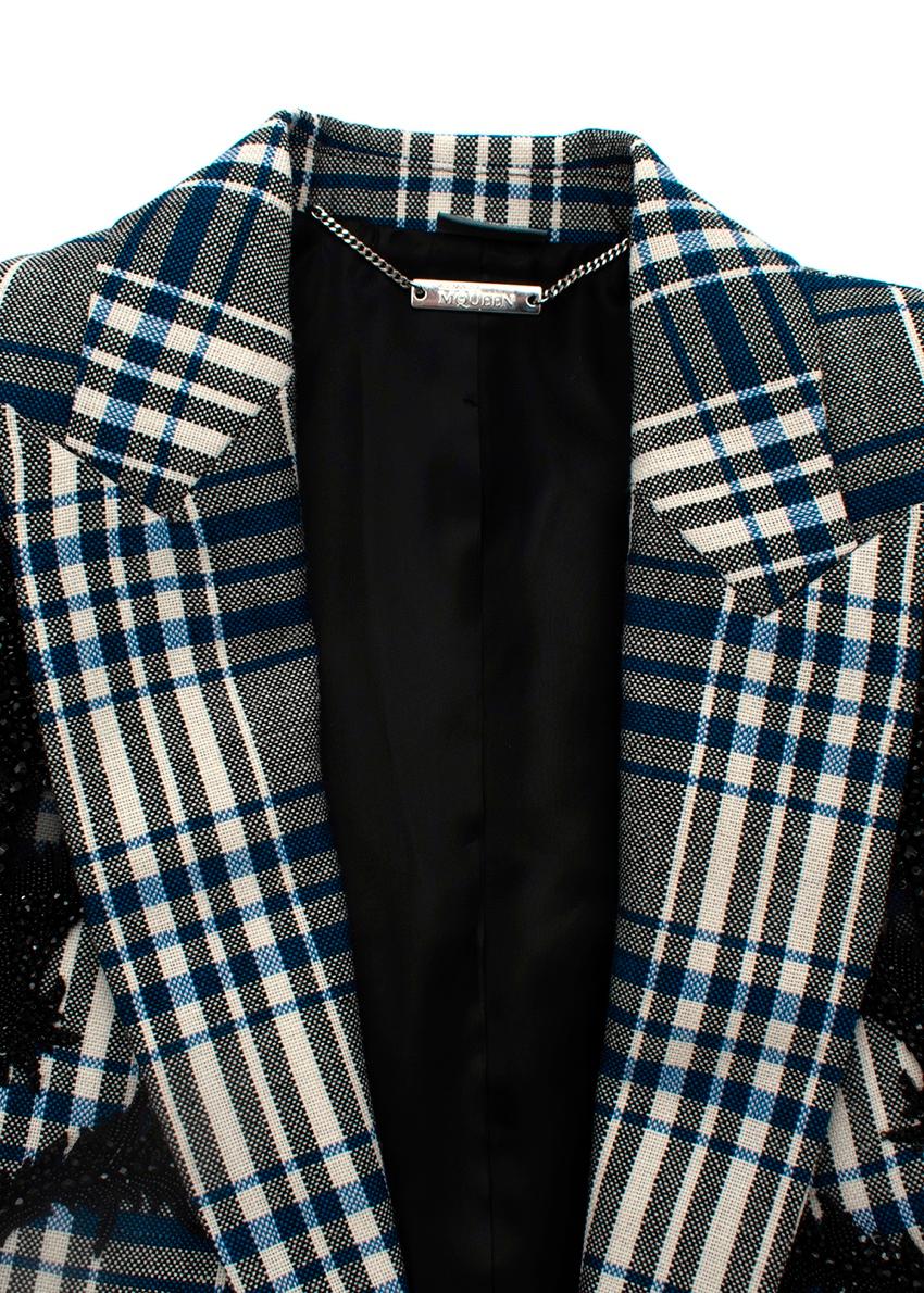 Black Alexander McQueen Blue Tartan Wool Thistle Embellished Blazer For Sale