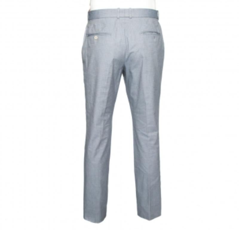 Gray Alexander McQueen Blue Textured Cotton Formal Trouser XL For Sale