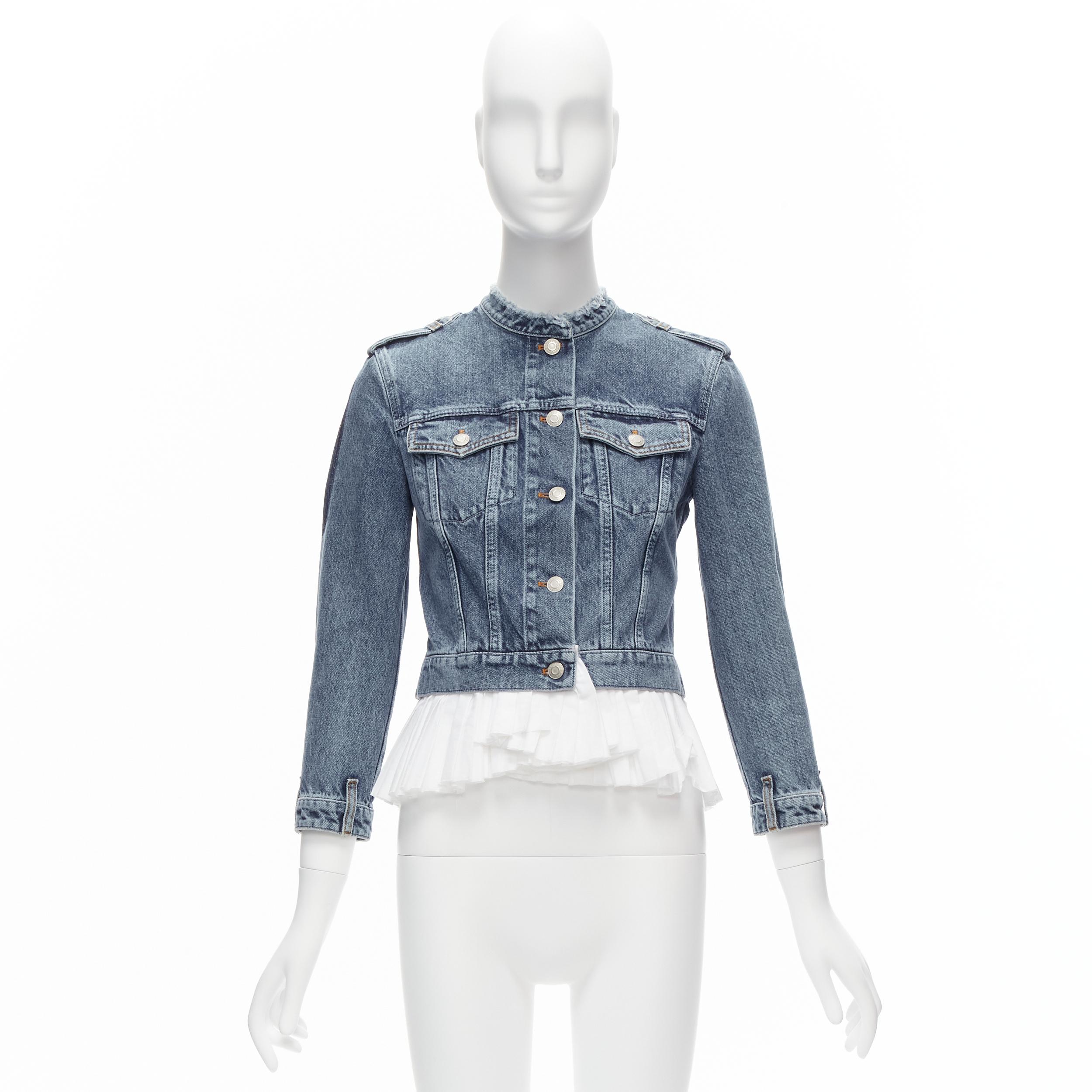 ALEXANDER MCQUEEN blue washed denim white pleated peplum hem jacket IT38 XS 6