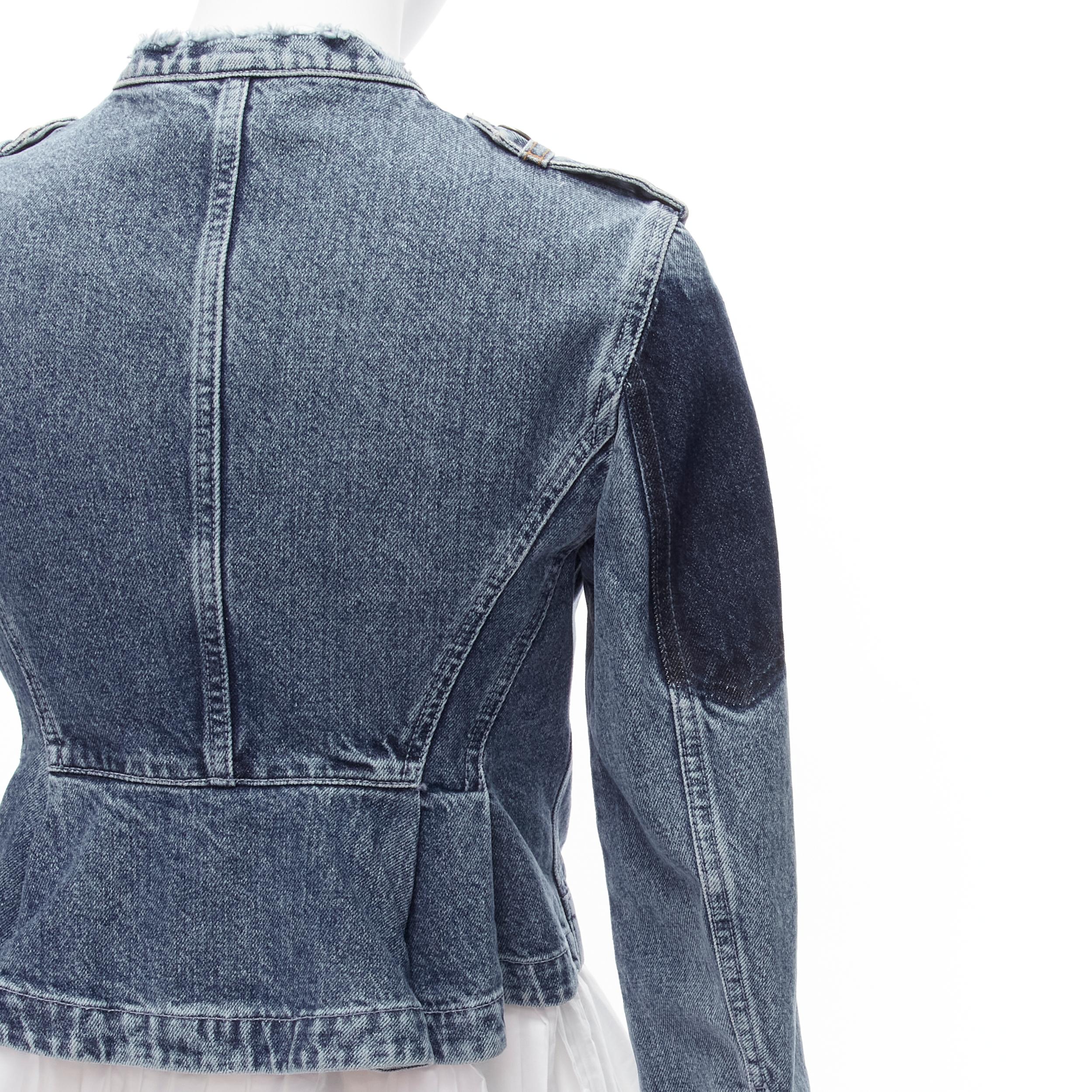 ALEXANDER MCQUEEN blue washed denim white pleated peplum hem jacket IT38 XS
Reference: TGAS/D00098
Brand: Alexander McQueen
Designer: Sarah Burton
Material: Denim, Cotton
Color: Blue, White
Pattern: Solid
Closure: Button
Extra Details: White peplum