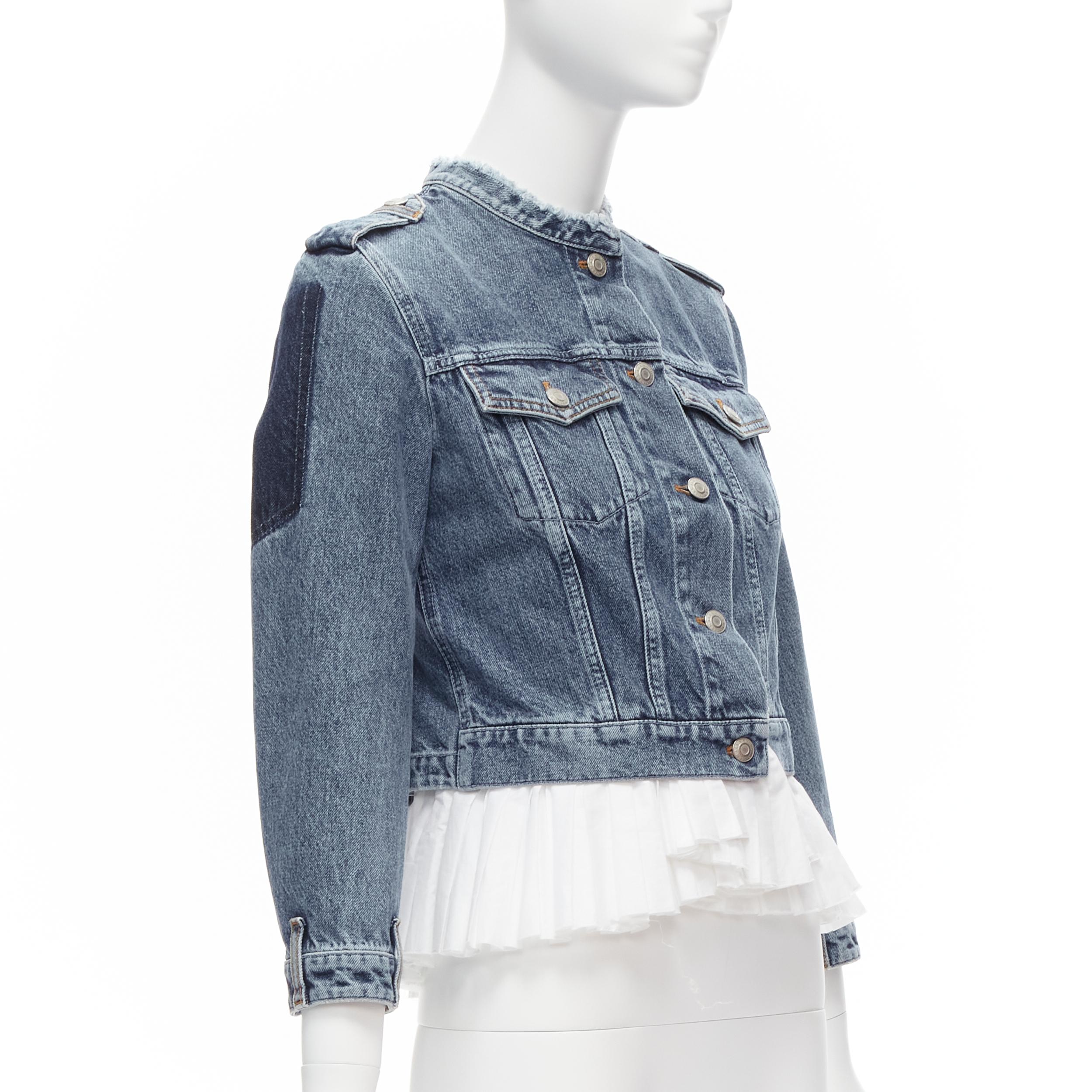 ALEXANDER MCQUEEN blue washed denim white pleated peplum hem jacket IT38 XS In Excellent Condition For Sale In Hong Kong, NT