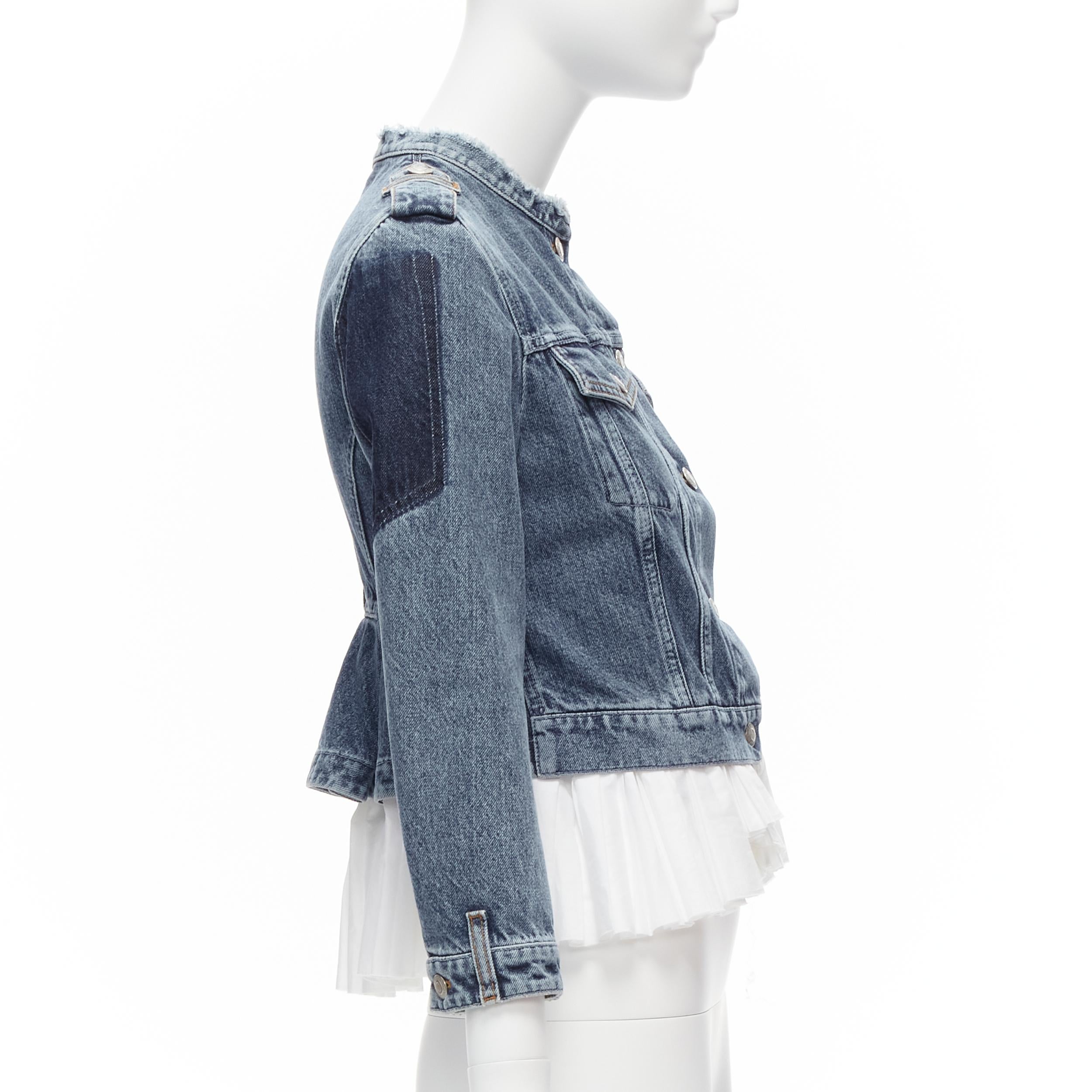 Women's ALEXANDER MCQUEEN blue washed denim white pleated peplum hem jacket IT38 XS