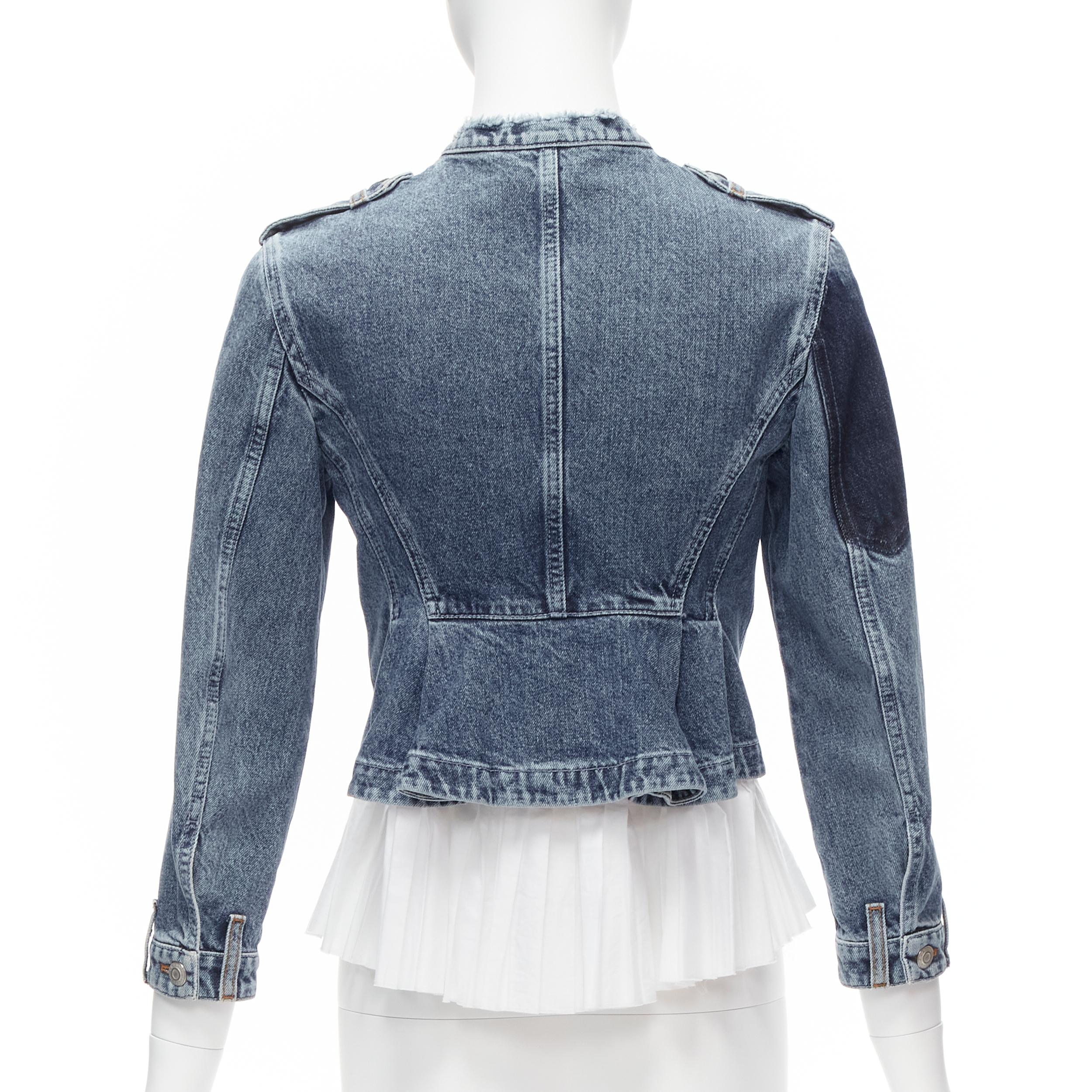 ALEXANDER MCQUEEN blue washed denim white pleated peplum hem jacket IT38 XS 1