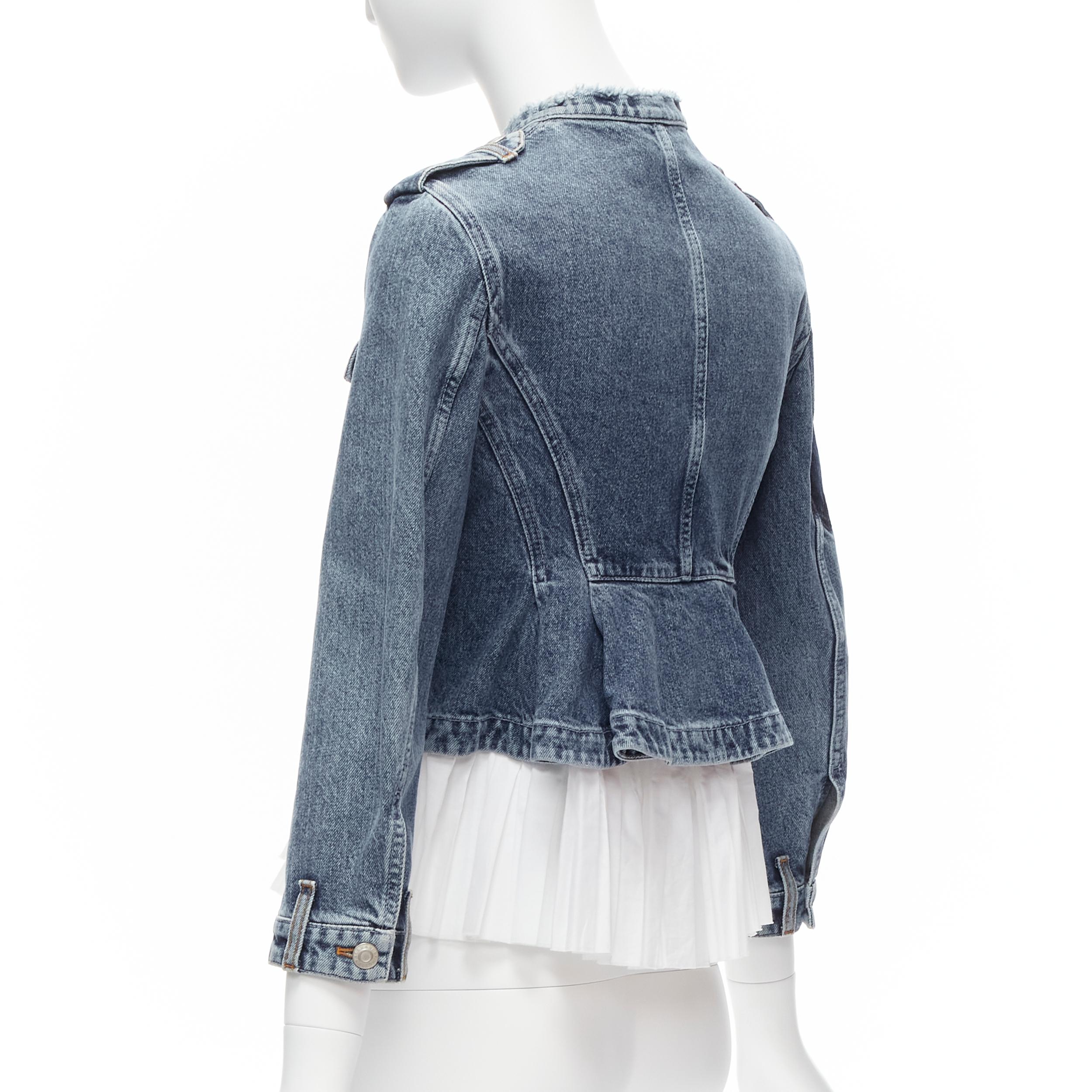 ALEXANDER MCQUEEN blue washed denim white pleated peplum hem jacket IT38 XS 2