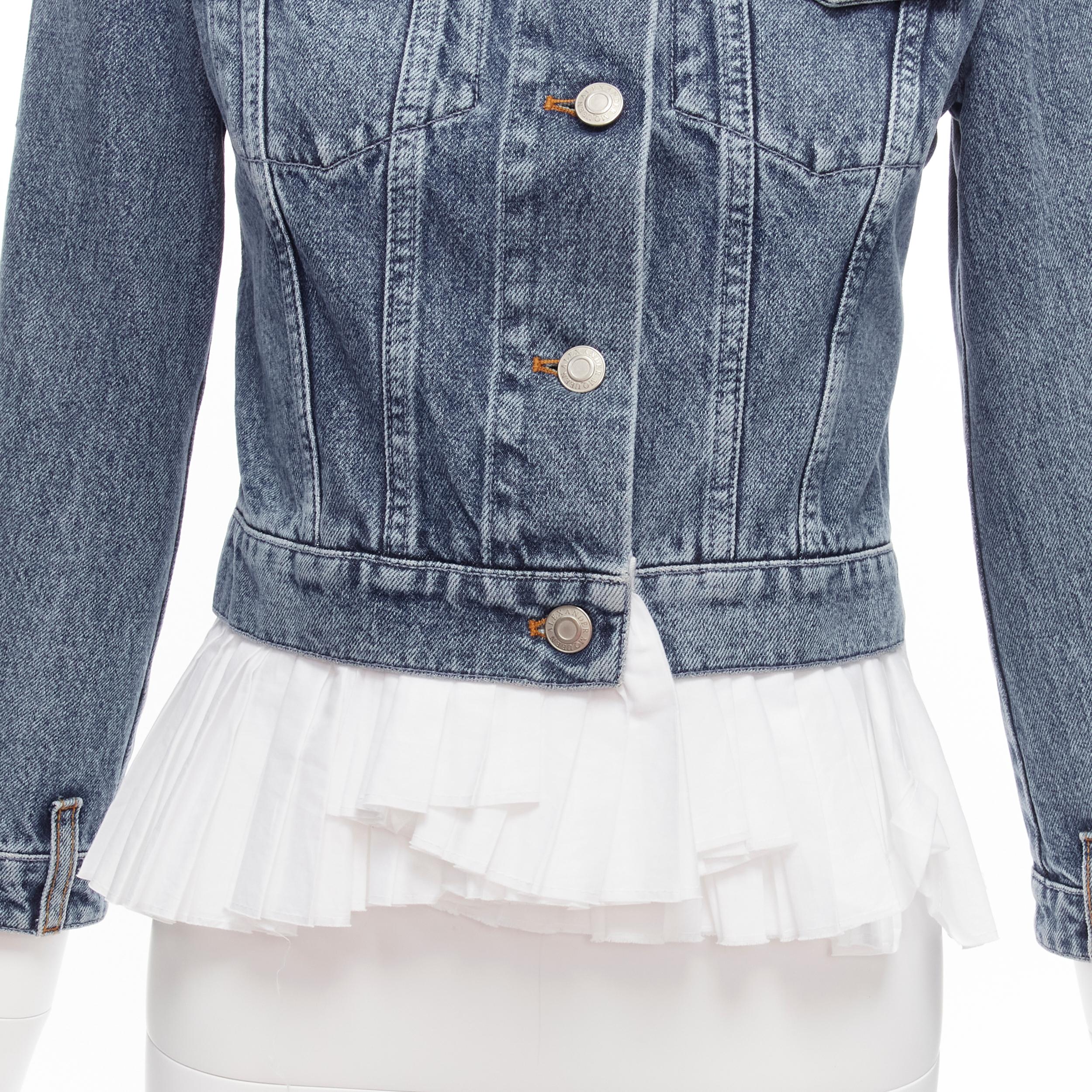 ALEXANDER MCQUEEN blue washed denim white pleated peplum hem jacket IT38 XS 4
