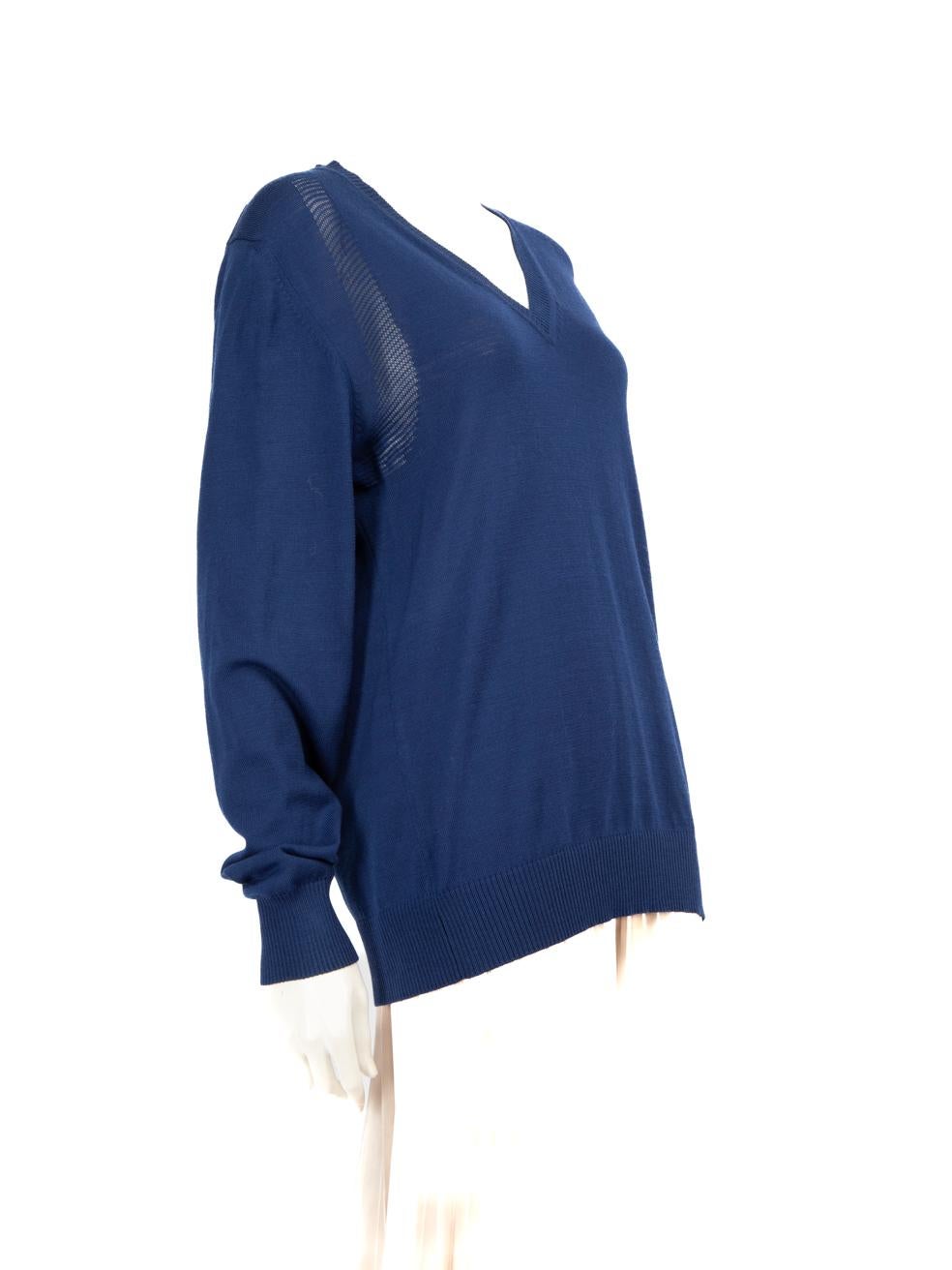 CONDITION is Very good. Hardly any visible wear to jumper is evident on this used Alexander McQueen designer resale item.
  
  
  
  Details
  
  
  Blue
  
  Wool
  
  Knit jumper
  
  Long sleeves
  
  V-neck
  
  See through shoulder panels
  
 