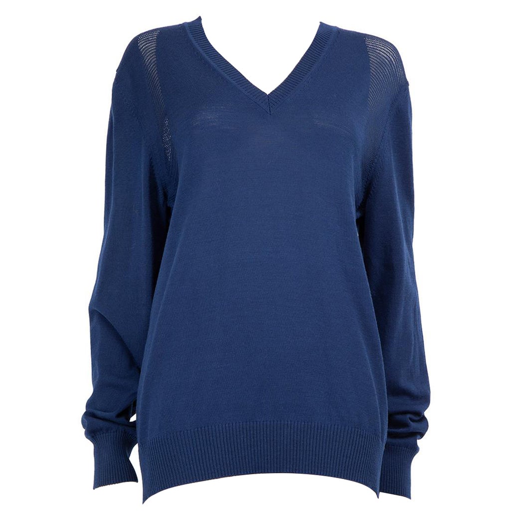 Alexander McQueen Blue Wool Knit V-Neck Jumper Size L en vente