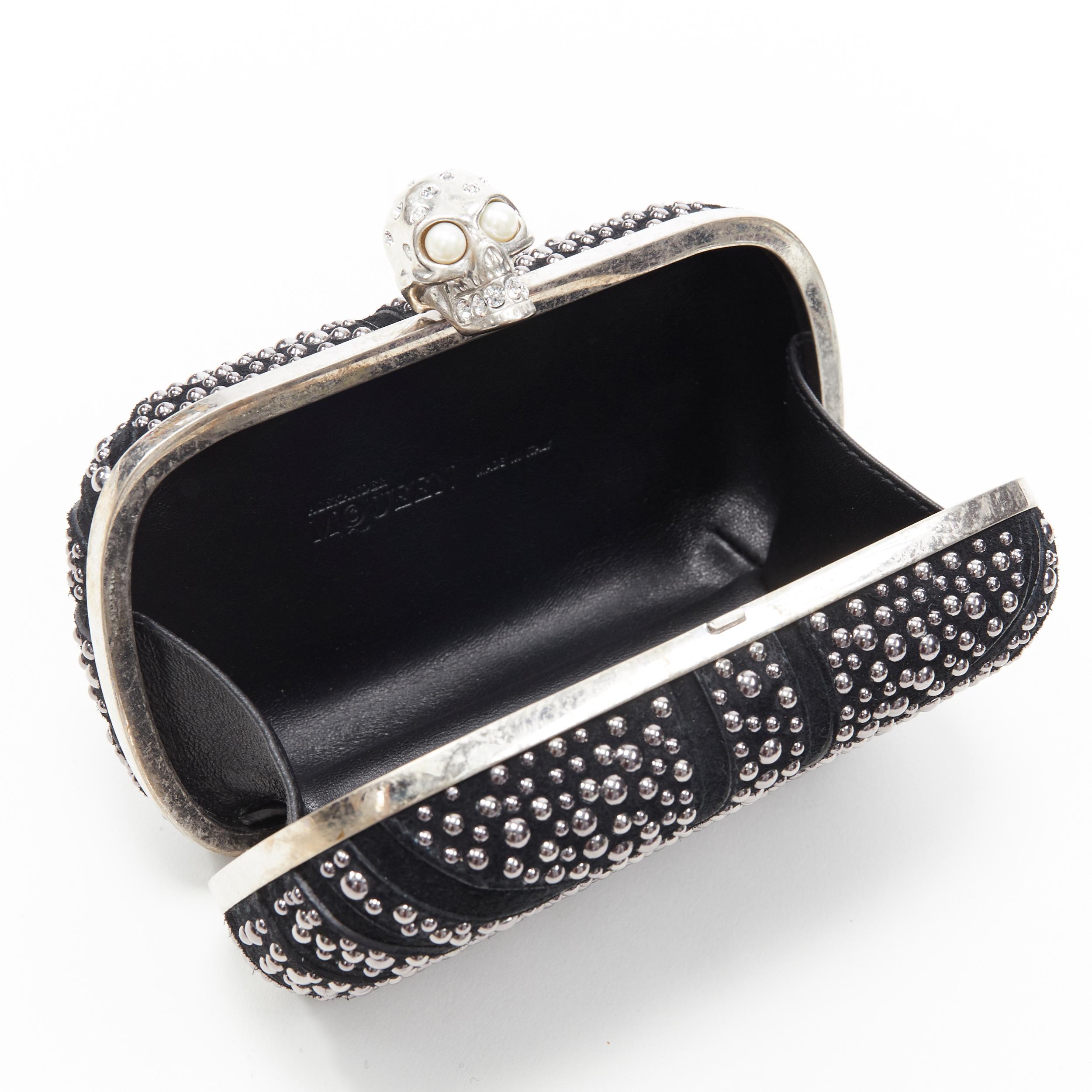 ALEXANDER MCQUEEN Britannia black suede silver studded crystal skull box clutch In Excellent Condition In Hong Kong, NT