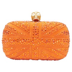 ALEXANDER MCQUEEN Britannia orange suede crystal gold Pearl skull box clutch bag